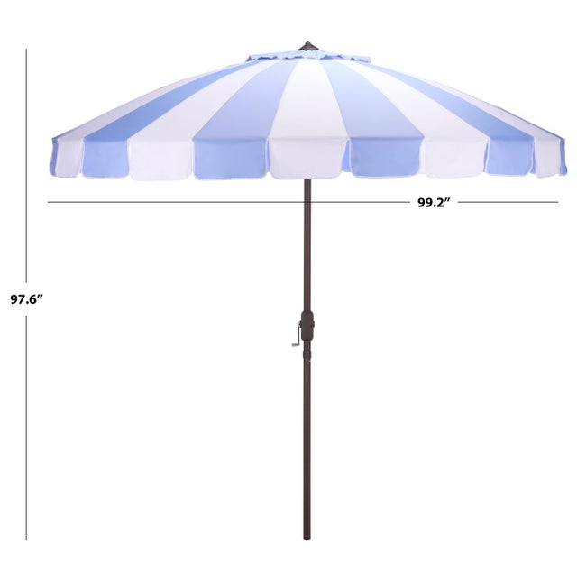 Modern Buti 9 Ft Crank Umbrella, Baby Blue Cabana Stripe/Brown Pole For Sale - Image 3 of 9