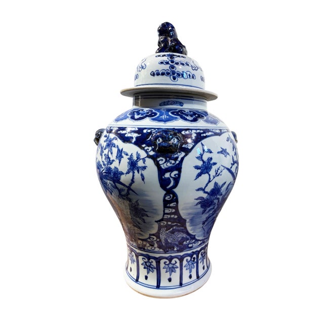 Vintage Lg Chinoiserie Cobalt Blue & White Temple Ginger Jar 23" H For Sale - Image 4 of 11