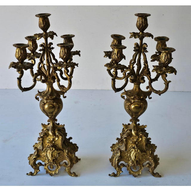 Pair of Early 20th Century Renaissance Revival Style Brass Five Light Candelabras For Sale - Image 4 of 8