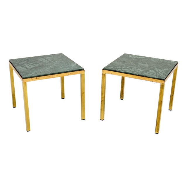 Vintage French Brass Side Tables with Marble Tops, 1970, Set of 2 For Sale