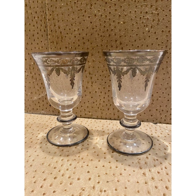 PAIR of Arte Italica Vetro Silver Wine Goblet. Silver Etched Design Trim