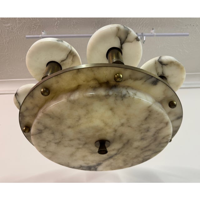 Ivory Art Deco Alabaster and Brass 8-Arm Chandelier, 1930s For Sale - Image 8 of 17