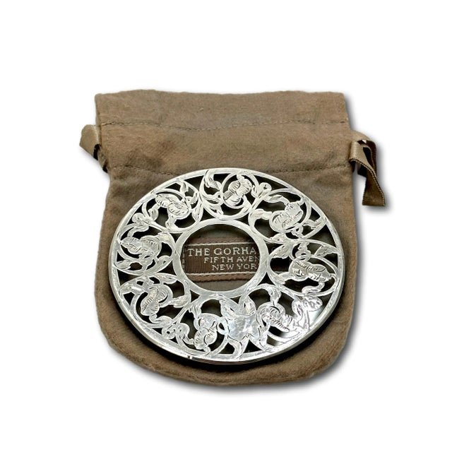 Silver Set 6 Antique American Hand Engraved Heavy Sterling Silver Overlay on Thick Glass Beverage Coasters by Gorham For Sale - Image 8 of 12