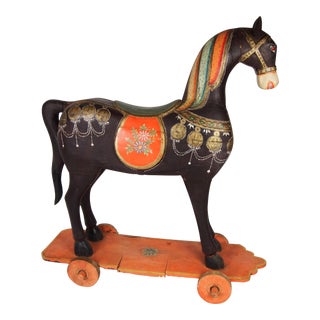 Antique Painted Wood Temple Horse For Sale