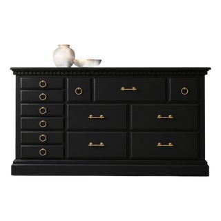 Refinished Black Dresser With Brass Ring Hardware-Modern Classic 9-Drawer Statement Piece For Sale