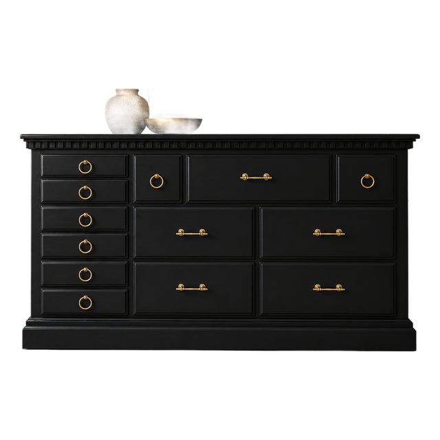 Refinished Black Dresser With Brass Ring Hardware-Modern Classic 9-Drawer Statement Piece For Sale