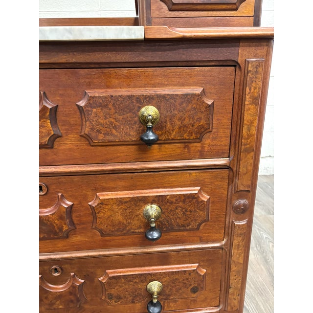 Wood Antique Victorian Eastlake Burled Wood Marble Inlay Gentleman’s Dresser Commode For Sale - Image 7 of 11