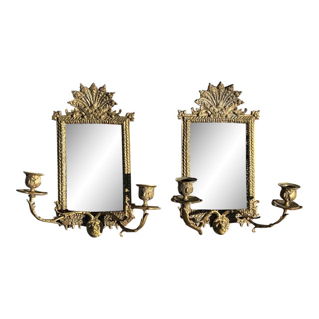 Pair of Antique Bronze Lion Head Figural Mirrored Candle Sconces For Sale