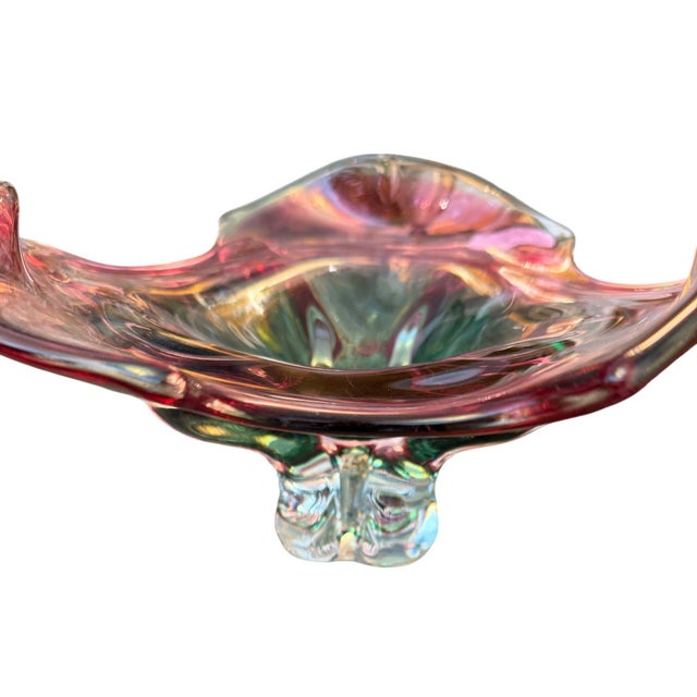 Glass Murano Glass Footed Bowl Emerald Green, Pink & Clear, Italy, Late 20th Century For Sale - Image 7 of 7