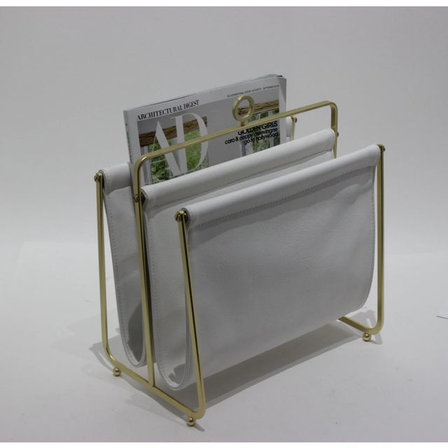 Petite Magazine Rack White Faux Leather (Vinyl) and Gold Tone Carrier from a Palm Beach estate.