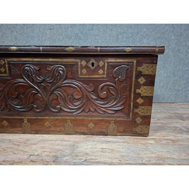 Antique 19th Century Oriental Carved Wood and Gilt Brass Chest For Sale - Image 4 of 12