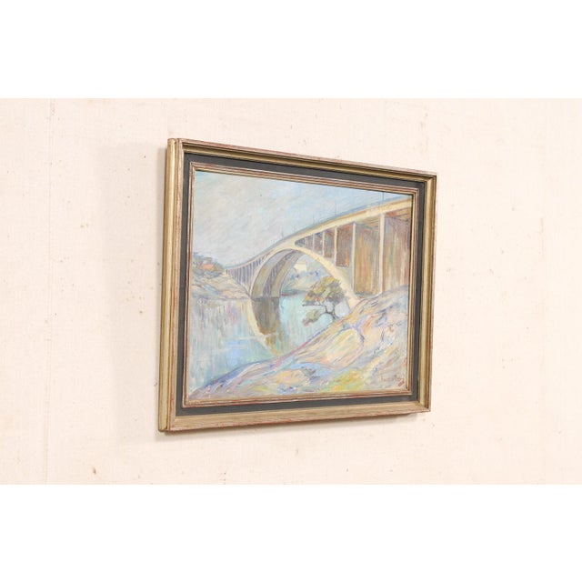 Wood Swedish Painting of Bridge Over Water, 1950 For Sale - Image 7 of 12