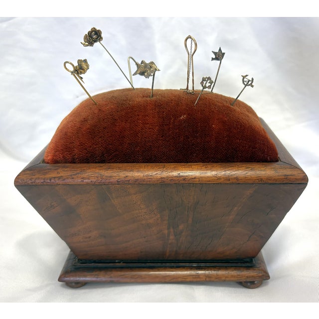 19th Century Antique Rosewood Sewing Box With Velvet Top and Assorted Pins For Sale - Image 9 of 18