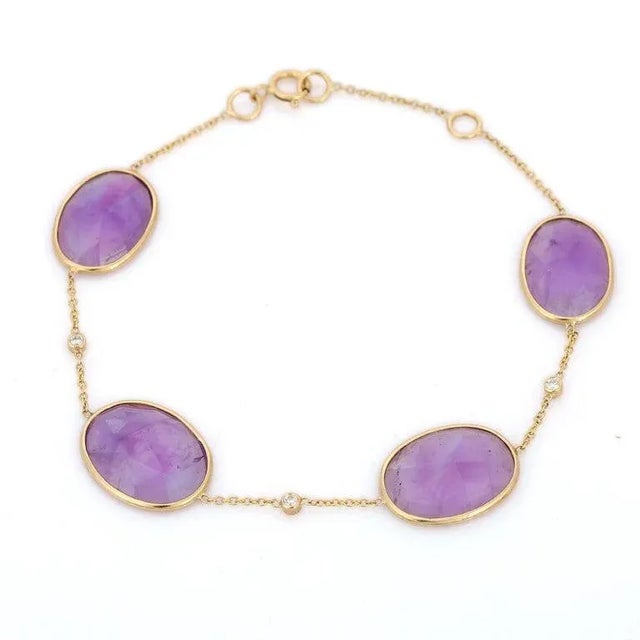 12.92 Ct Oval Cut Amethyst and Diamond Chain Bracelet for Women For Sale - Image 4 of 13
