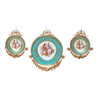 Set of 3 Baroque Ceramic Turquoise Wall Art Pieces With Ornate Gold Frames & Floral Artwork For Sale