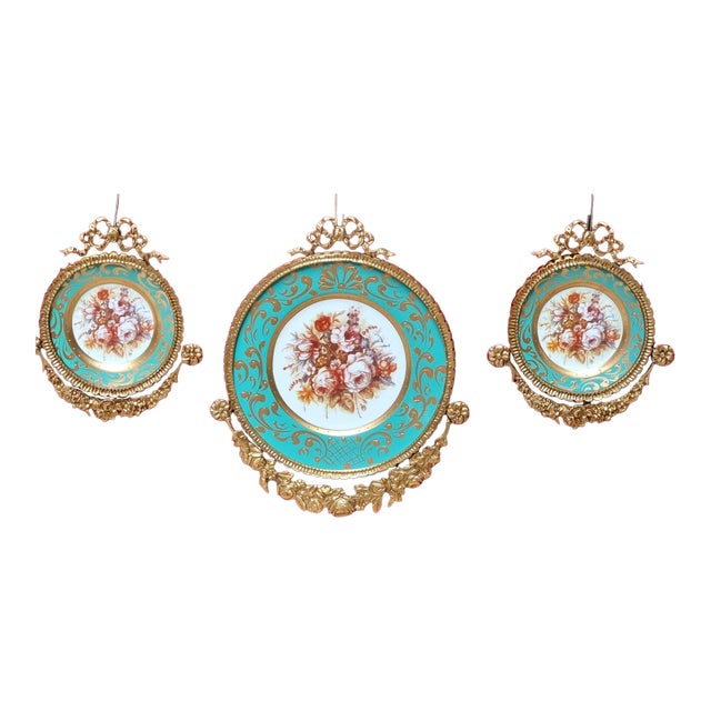 Set of 3 Baroque Ceramic Turquoise Wall Art Pieces With Ornate Gold Frames & Floral Artwork For Sale