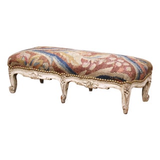 19th Century French Louis XV Painted Footstool With Aubusson Tapestry For Sale
