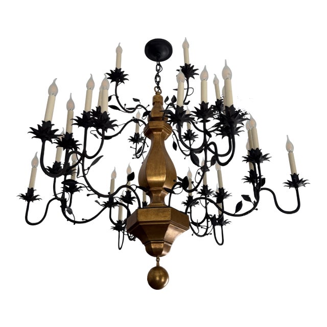 Paul Ferrante Model 2000 Multi-Tier Gilt Wood & Hand-Forged Iron Chandelier For Sale
