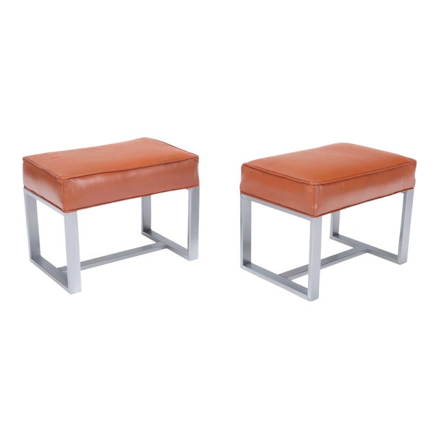 Chrome and Leather Covered Small Stools - a Pair For Sale