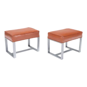 Chrome and Leather Covered Small Stools - a Pair
