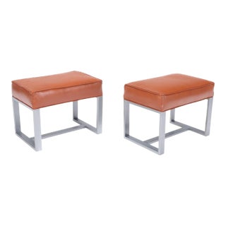 Pair of Chrome and Leather Covered Stools or Benches For Sale