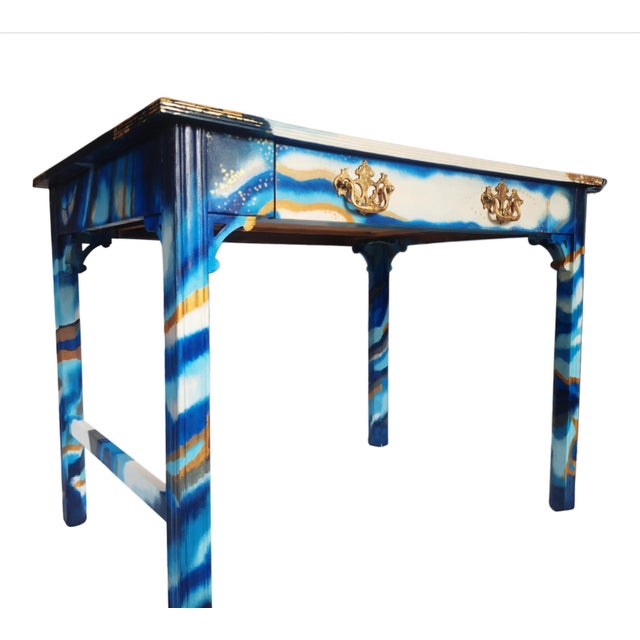 Blue 1960s Writing Desk | Hand Painted Blue Geode Inspired Desk With Gold Accents | One-of-a-Kind Statement Furniture For Sale - Image 8 of 9