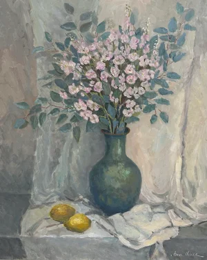 "Still Life With Green Vase and Lemons" Original Impressionist Oil on Canvas Painting Art by Anna Novick
