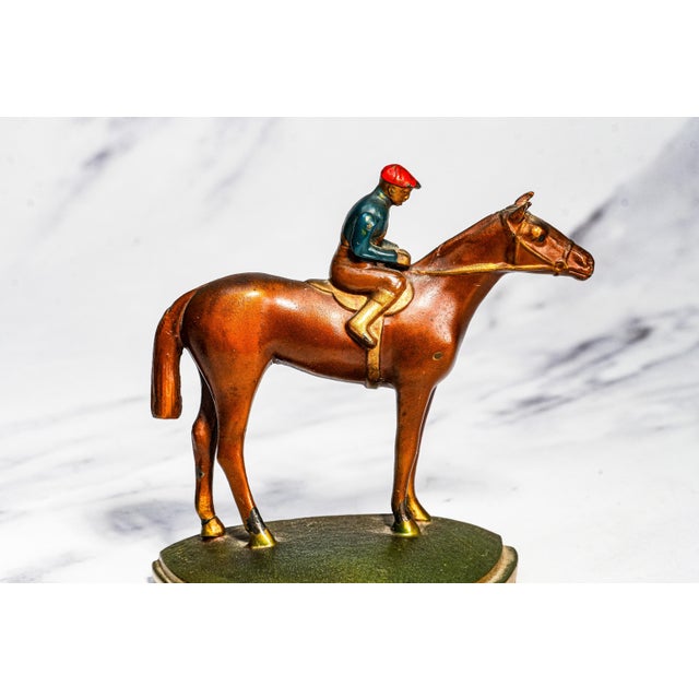 Colorful Horse Jockey Antique Cold Painted Bronze Sculpture Statue Bookends Equestrian For Sale - Image 11 of 18