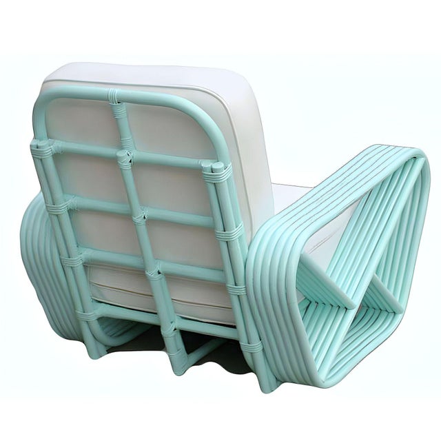 Wood 1950s Restored Teal 6-Strand Square Pretzel Rattan Sofa & Lounge Chair Livingroom Set For Sale - Image 7 of 7