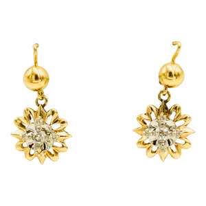 Antique Diamond Flower Dangling 14k Yellow Gold Earrings - 2 Pieces
