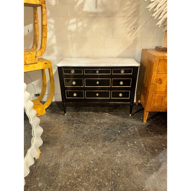 Vintage French Louis XVI Jansen Style Black Lacquered Chest For Sale - Image 9 of 13
