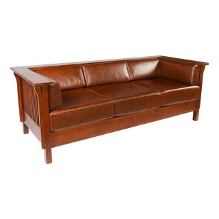 Mission / Craftsman Cubic Slat Side Sofa - Chestnut Brown Leather For Sale