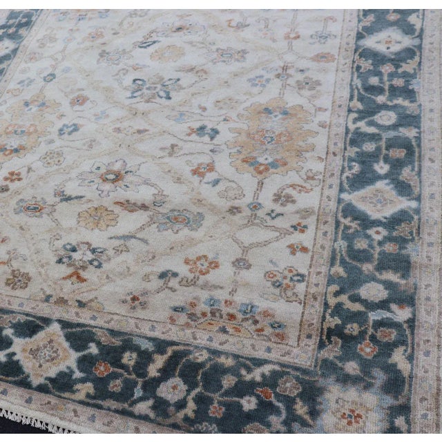 White Hand-Knotted Oushak Rug by Keivan Woven Arts, Navy Floral Design 5'7 X 8'8 For Sale - Image 8 of 12