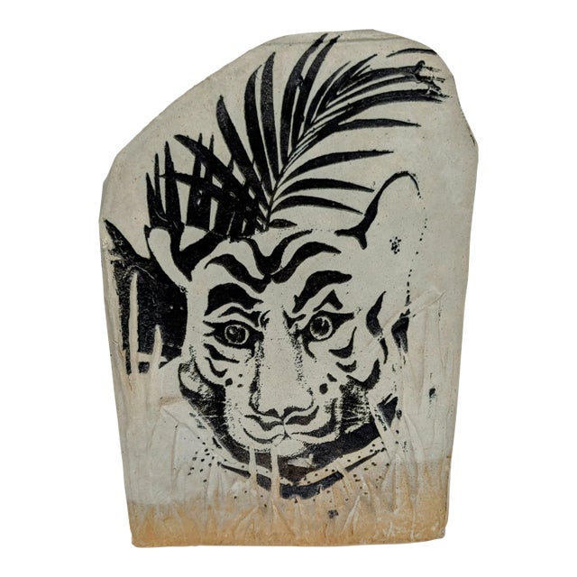 Late 20th Century Vintage Jon Carlos Lopez Pottery Glazed Wine Bottle Holder or Planter Tiger For Sale