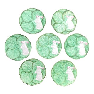 Late 20th Century Zrike Bunny Patch Majolica Cabbage Leaf Rabbit Plates - Set of 7 For Sale