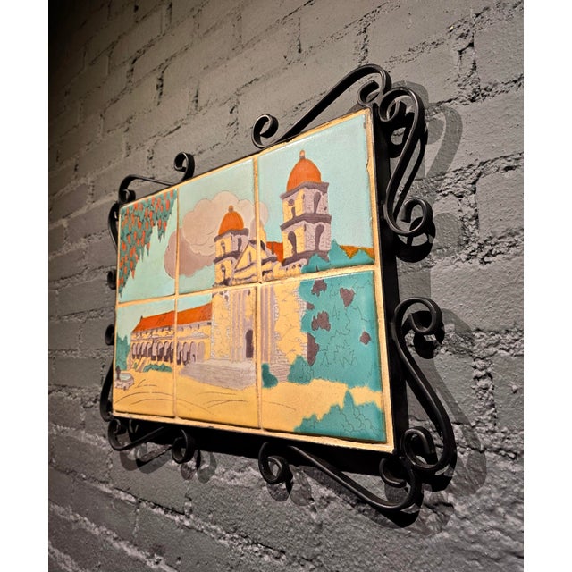 Metal Taylor Tilery –Mission Santa Barbara,1930s Spanish Revival Hand-Painted Tile Panel in Iron Frame For Sale - Image 7 of 12