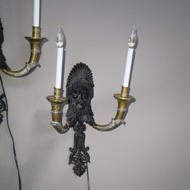 Neoclassical Antique Ebonized Bronze & Brass Figural Indian Chief Wall Sconces C1920 - a Pair For Sale - Image 3 of 7