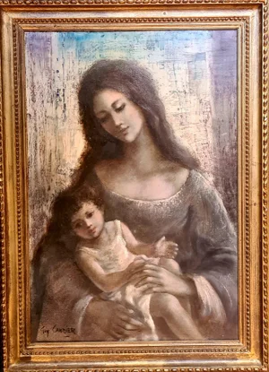Guy Cambier, Mother and Child, Large Oil on Canvas, 1960s, Framed