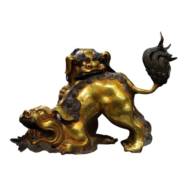 Gilt Bronze Guardian Lion Incense Burner – 9.5" Foo Dog Censer With Cub & Ball Motif For Sale