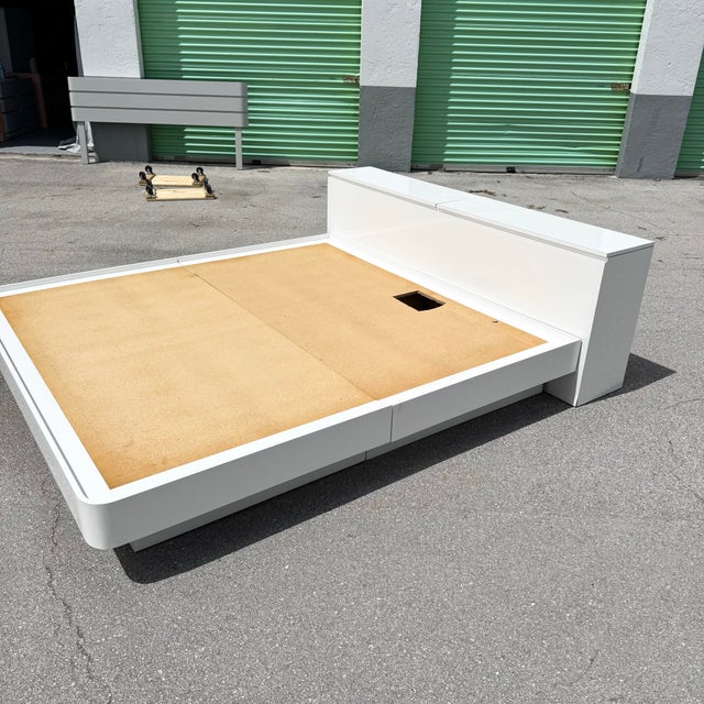 Postmodern White Gloss Laminate King Size Platform Bed With Storage Headboard For Sale - Image 4 of 11