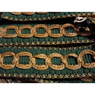 Scalamandre Vintage Emerald Green and Gold Metallic Fabric Border Trim- 6+ Yards For Sale