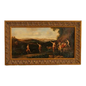 Antique 19th Century Neoclassical Bacchanal Painting Dancing of the Nymphs 1850, Framed