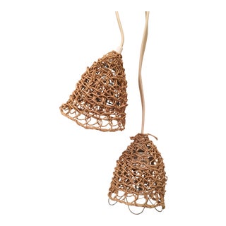Woven Pendant Lamps - A Pair For Sale