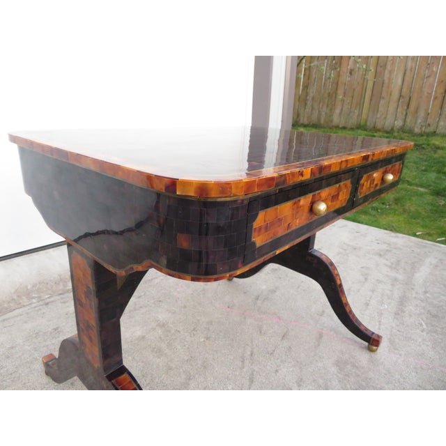 Maitland Smith Tessellated Faux Tortoise Shell / Penshell Writing Desk ~ Traditional Regency Style For Sale - Image 11 of 18