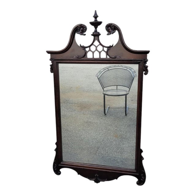 Chippendale Antique 1920s Chippendale Carved Mahogany Wall Mirror Pediment Crest Mirror For Sale - Image 3 of 16