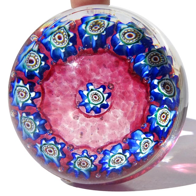 Murano Murano Fratelli Toso Blue Amethyst White Millefiori Flowers Vintage Italian Art Glass Decorative Paperweights - Set of 3 For Sale - Image 4 of 11