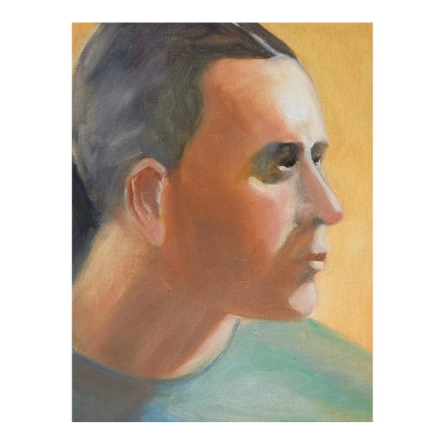 Late 20th Century Modernist Portrait Painting of Man in Green Shirt For Sale
