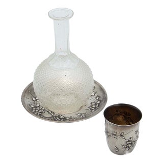 Cut Glass Night Decanter with Silver Base and Cup For Sale