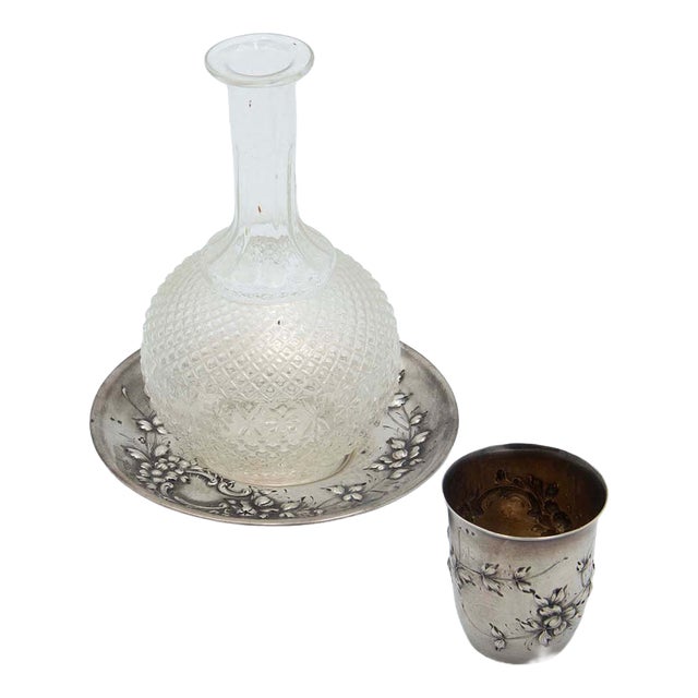 Cut Glass Night Decanter with Silver Base and Cup For Sale