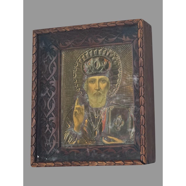 Religious 1935 Belgrade Serbian Orthodox St Nicholas Icon Brass Oklad Carved Wood Frame For Sale - Image 3 of 8